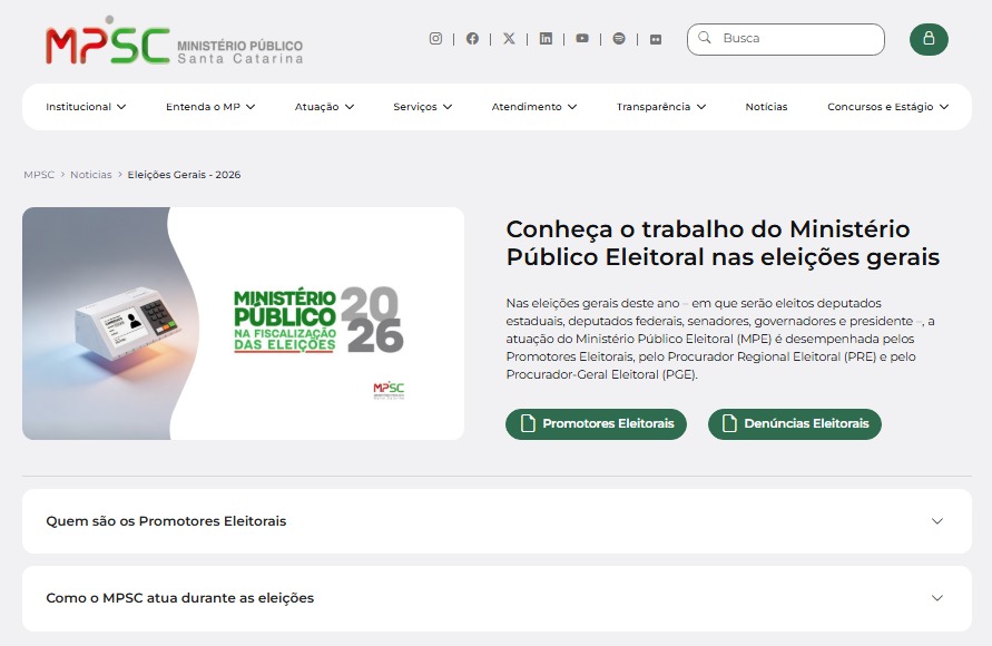 Página especial do MPSC sobre&nbsp;as Eleições 2026&nbsp;reúne informações sobre o papel do Ministério Público e traz&nbsp;orientações aos eleitores